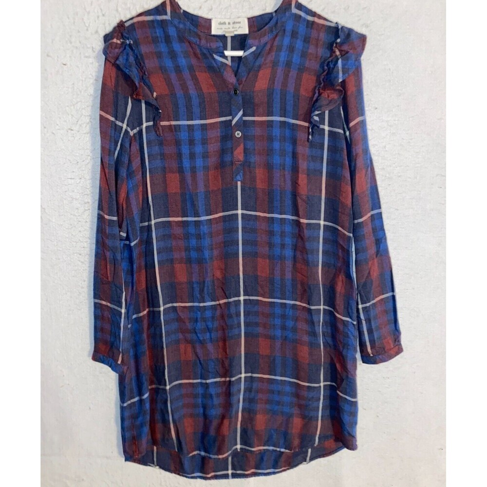Anthropologie Cloth & Stone Ruffled ruffle Shirt dress size L Blue plaid
